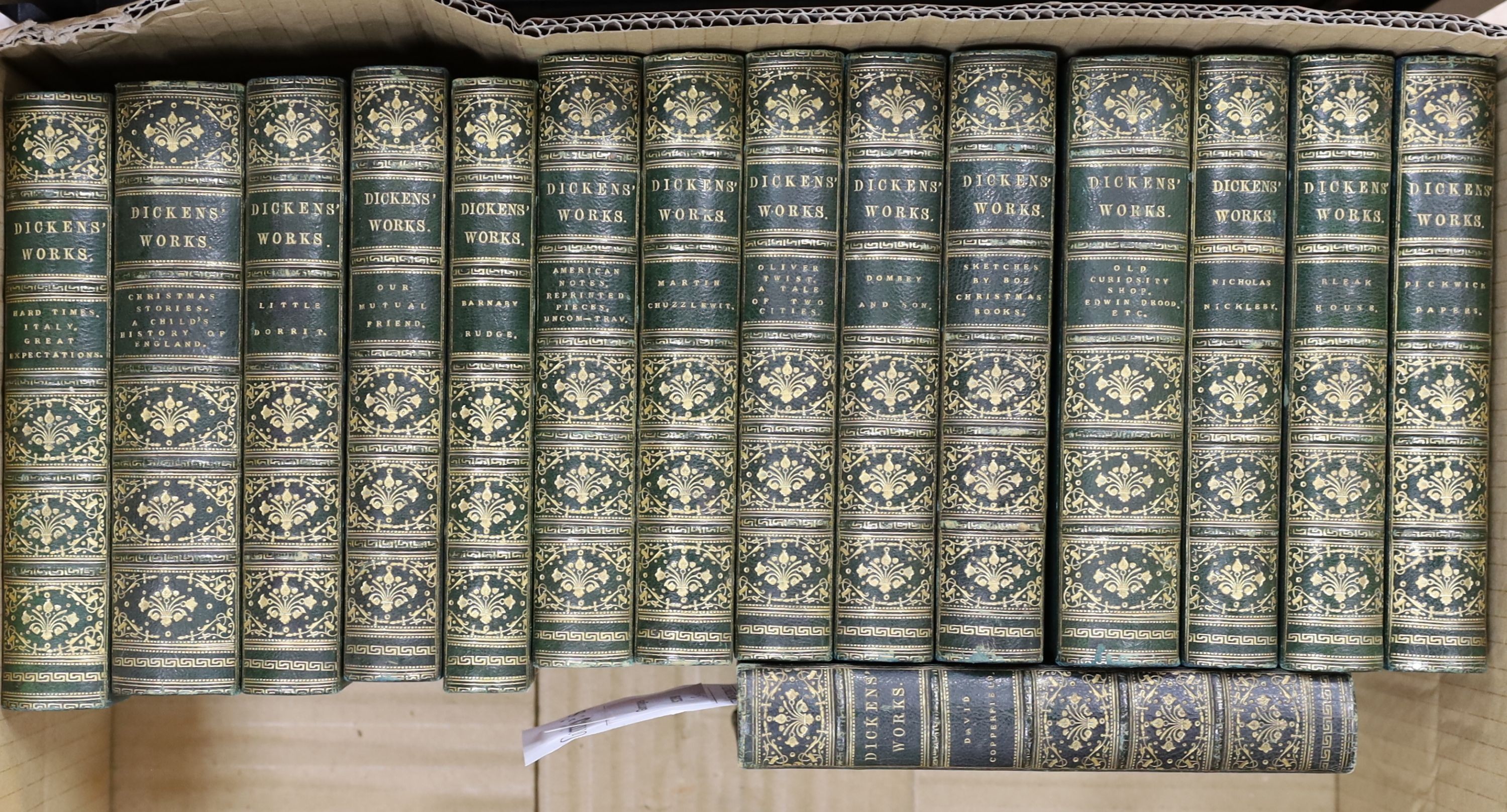 Dickens, Charles - The Charles Dickens Edition, 15 vols (only, ex.21), num. engraved plates; contemp. green half morocco and marbled boards, gilt-decorated and panelled spines, marbled edges and e/ps., cr.8vo (1867-)